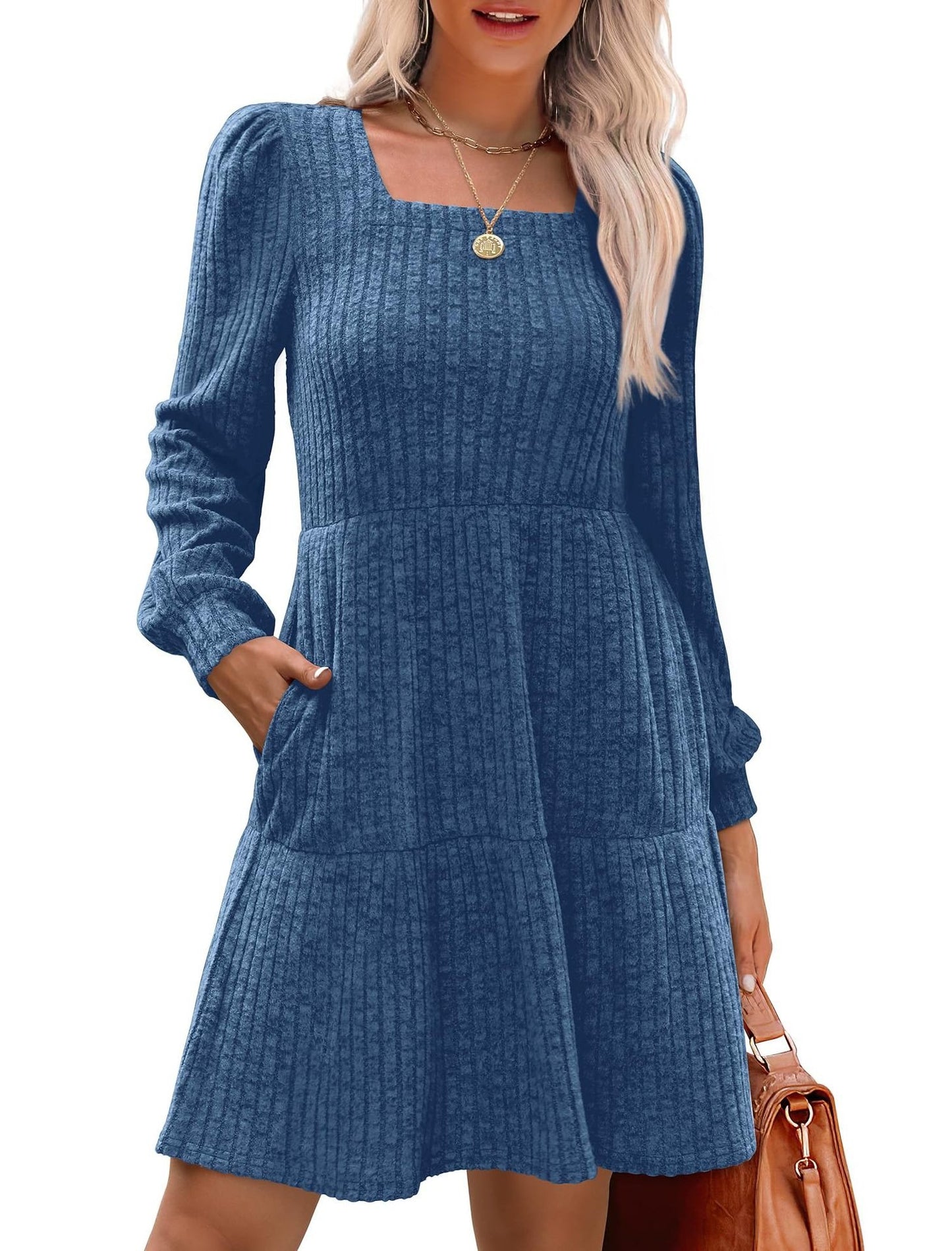 🍂Utolsó napi akció 49% KEDVEZMÉNY🔥Női szögletes nyakú, hosszú ujjú őszi ruhák, lezser babydoll pulóverruha