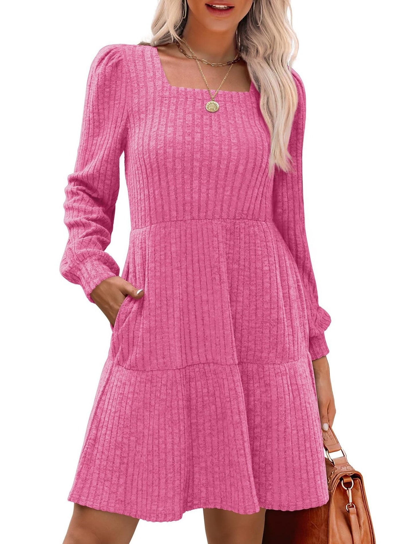 🍂Utolsó napi akció 49% KEDVEZMÉNY🔥Női szögletes nyakú, hosszú ujjú őszi ruhák, lezser babydoll pulóverruha