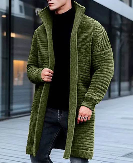 Suéter longo casual de cor sólida com bolso de gola alta