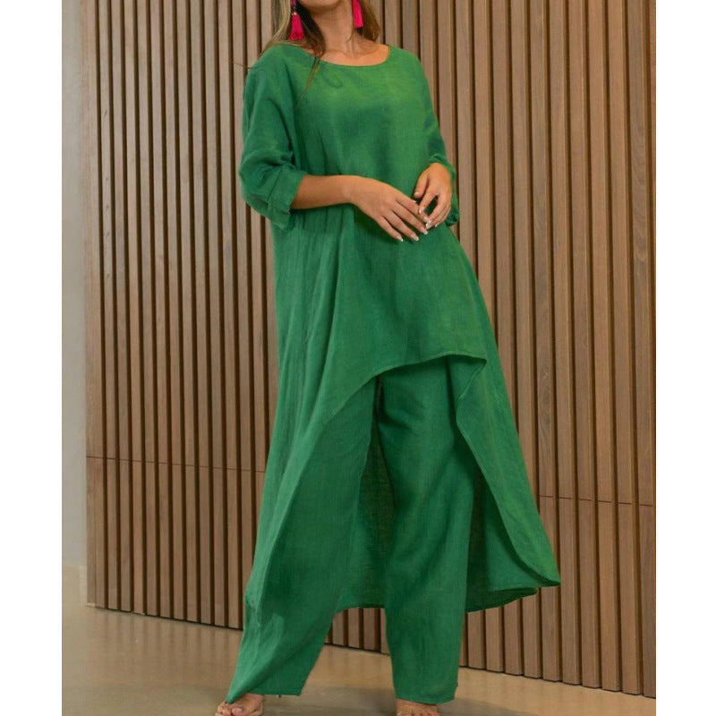 Moda casual tamanho grande terno irregular de mangas compridas calças largas terno de duas peças