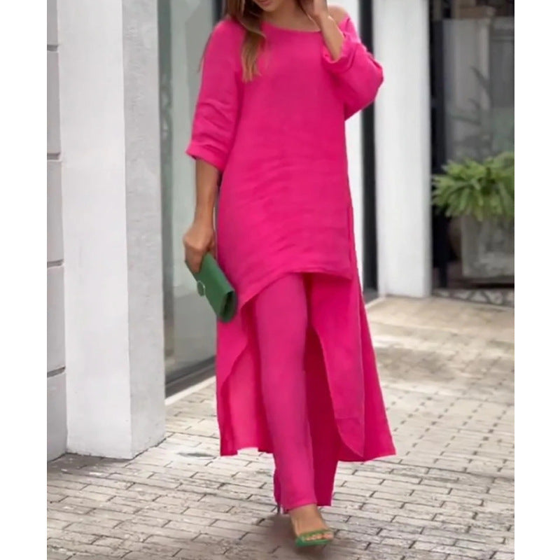 Moda casual tamanho grande terno irregular de mangas compridas calças largas terno de duas peças