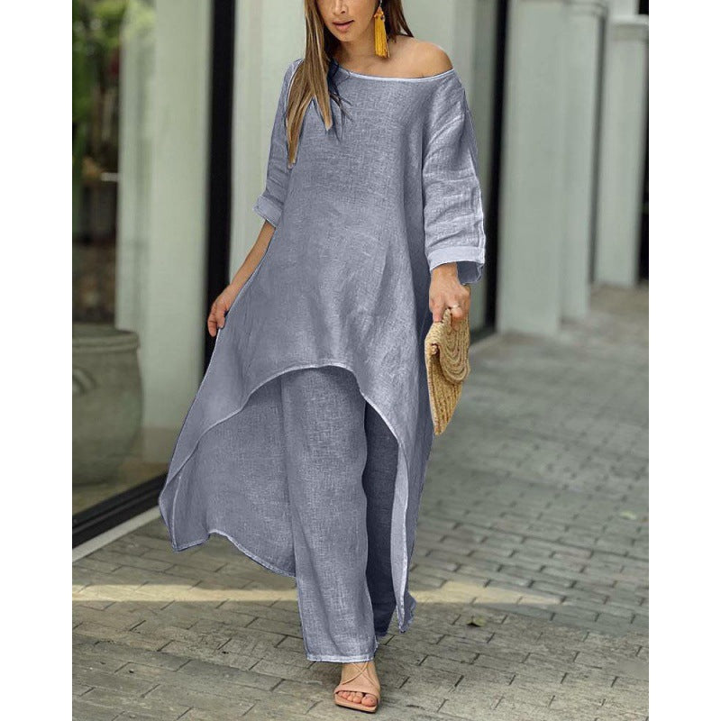 Moda casual tamanho grande terno irregular de mangas compridas calças largas terno de duas peças