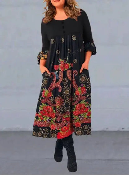 【S-5XL】 👗 Novo vestido casual de manga comprida com estampa retrô outono e inverno 2023